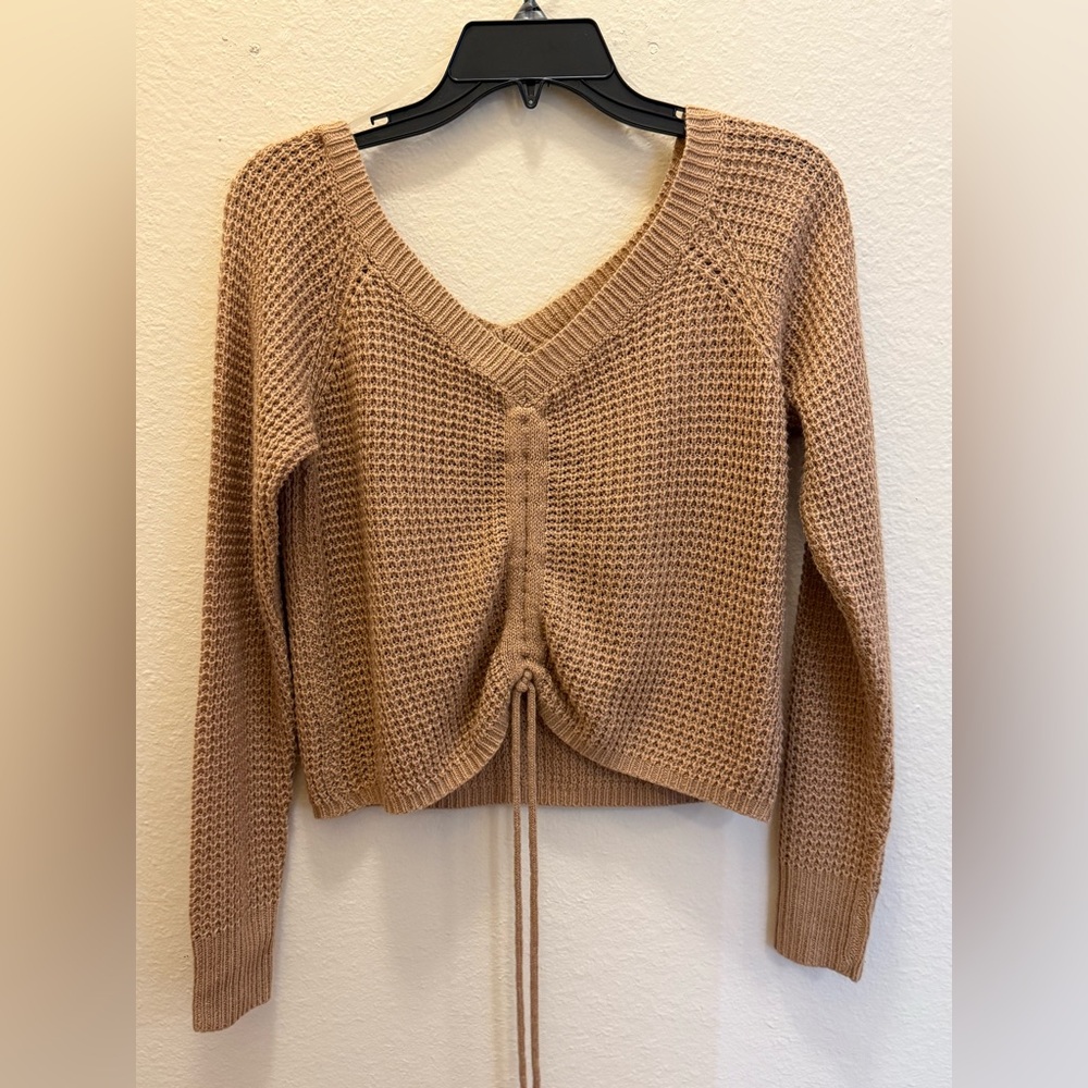 V-Neck Knit Drawstring Sweater - Camel
